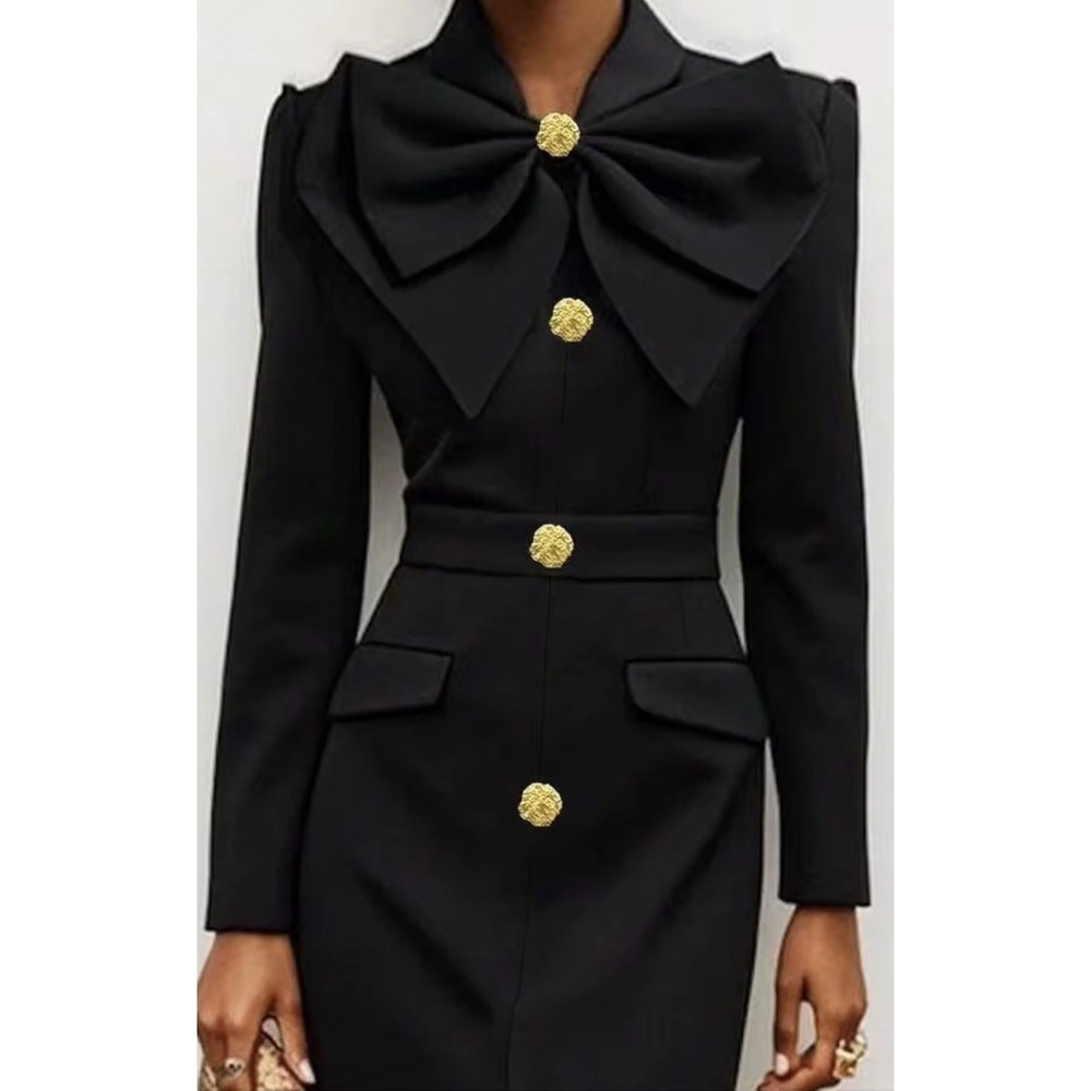DALIA MACPHEE Black Midi Dress Gold Button Oversized Bow Mock Neck Long Sleeve M - Picture 2 of 10